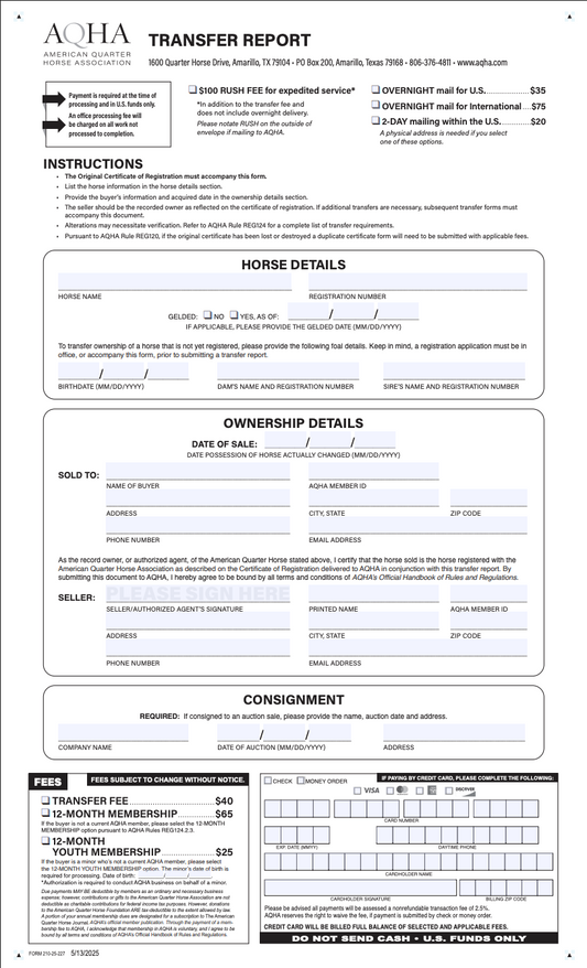 AQHA TRANSFER DOCUMENT LINK